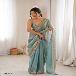 Premium Fendy Satin Saree with Beads & Pearl Embroidery Border
